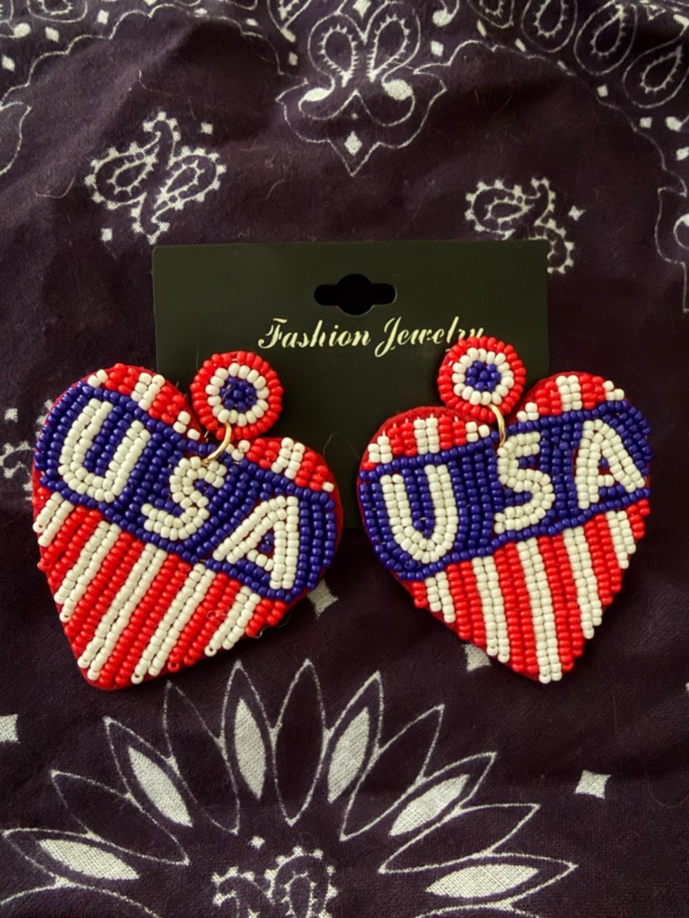Fashion Jewelry Red, White & Blue Beaded Heart USA Earrings